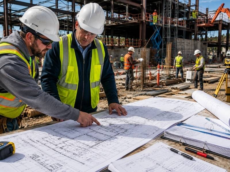 Construction management team reviewing detailed construction plans on-site to improve trade coordination and reduce field conflicts before building begins.
