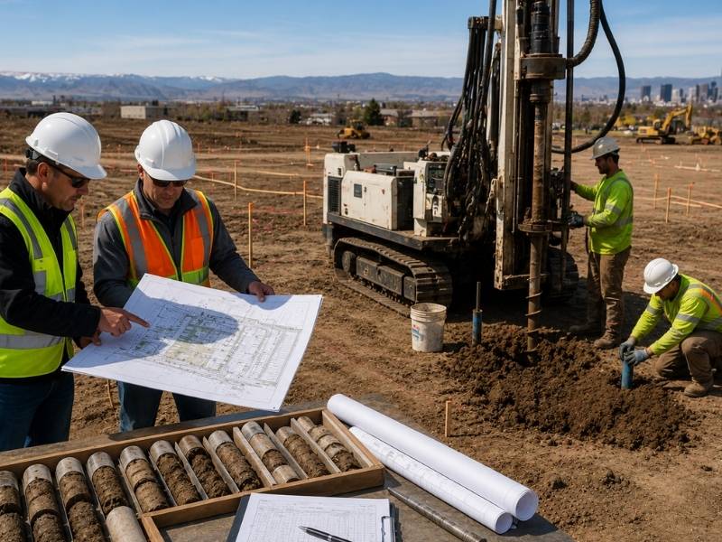 Geotechnical engineers reviewing soil samples and site plans beside a drilling rig before finalizing a commercial site layout.