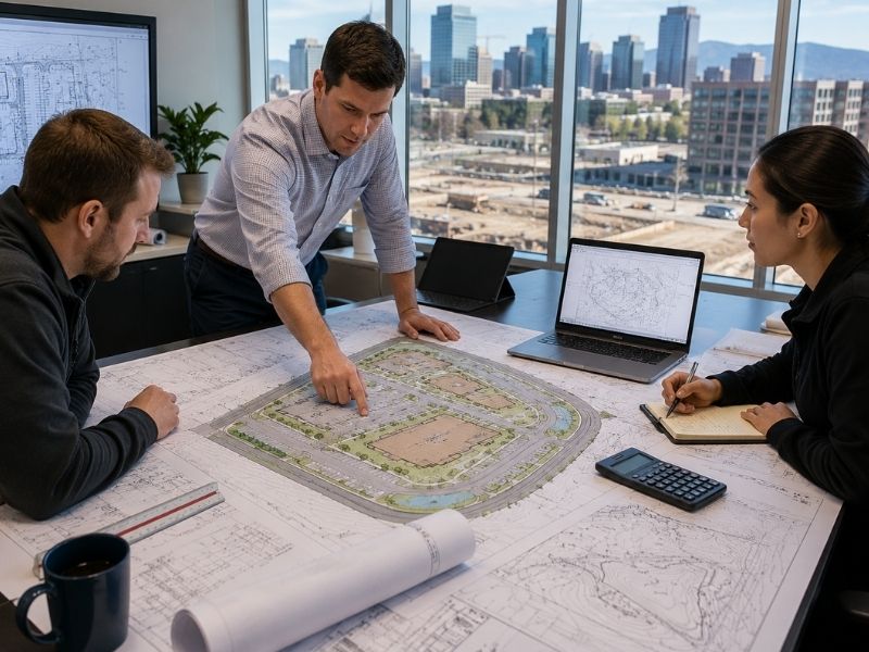 Civil engineering team reviewing commercial site plans and permit drawings in an office in Denver, Colorado to reduce project revisions and approval delays.