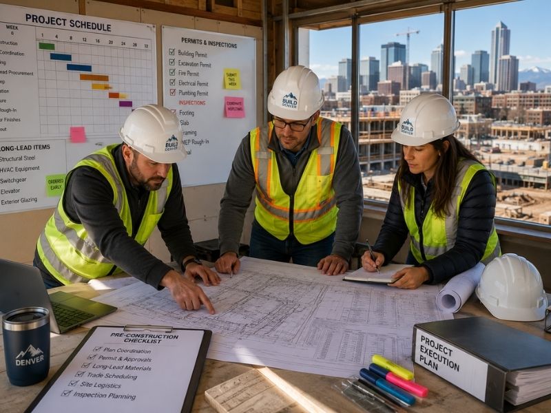 Construction manager coordinating project schedules, permits, subcontractors, and building plans before construction begins in Denver, CO.