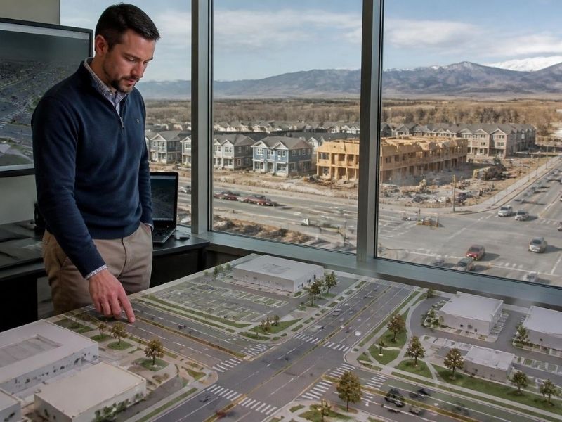 Transportation planner reviewing a future roadway model overlooking expanding development and traffic corridors in Denver, CO.