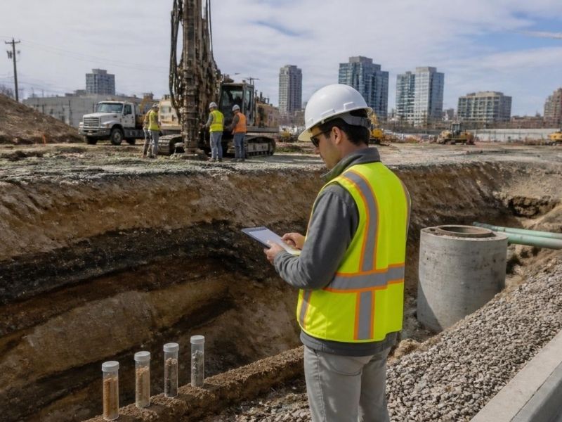 Professional engineer reviewing soil test results beside exposed soil layers and geotechnical drilling at a Denver development site.