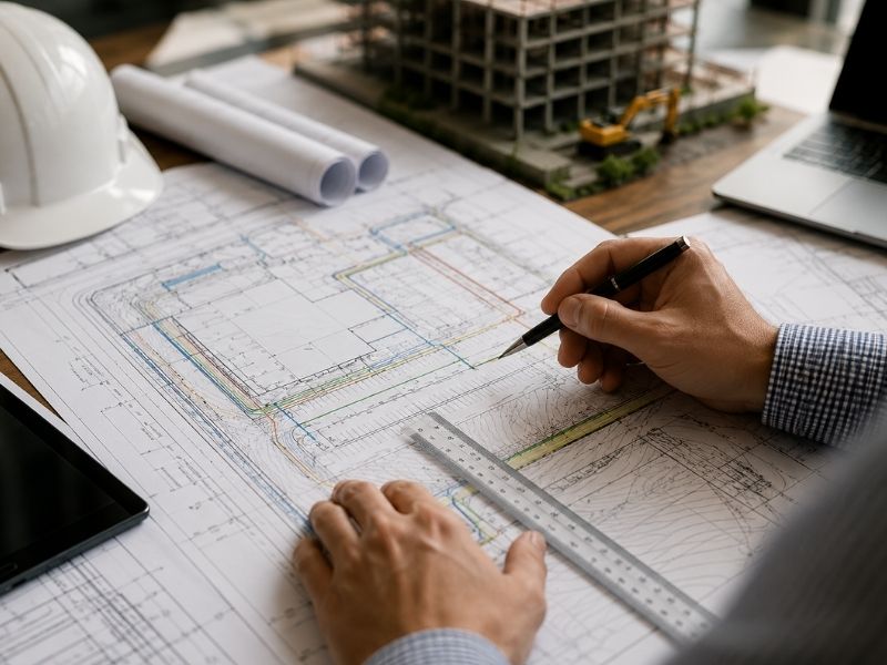 Licensed civil engineer reviewing commercial site plans and construction drawings during early project planning in Denver, Colorado.