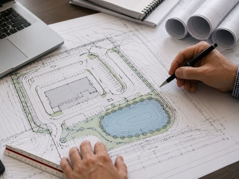 Civil engineer reviewing a commercial site plan with stormwater pond layout and drainage revisions during agency comment response in Denver, Colorado.
