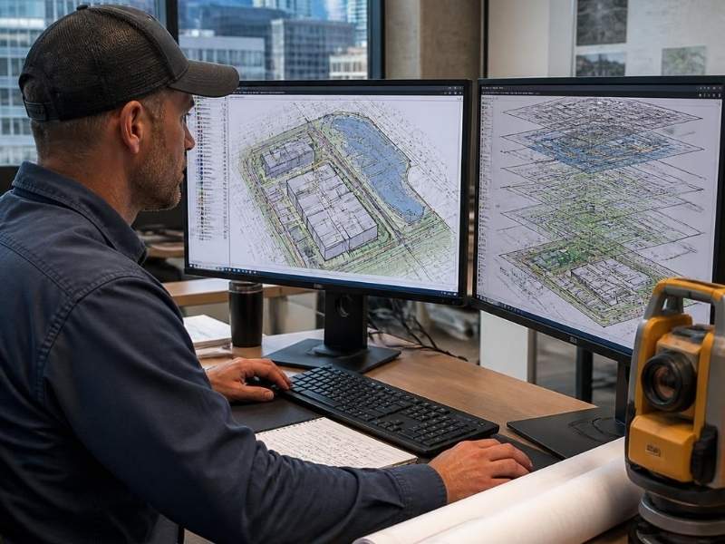 Civil engineer in Denver comparing layered site plans for utilities, grading, drainage, and building design on dual monitors.