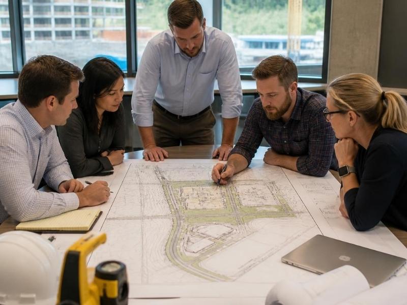 Civil engineering team in Denver reviewing a shared site plan for a multi-discipline development project.