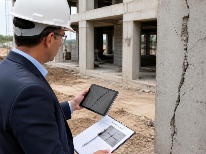 Engineering expert witness in Denver documenting a large crack in a concrete structure during a construction defect inspection.