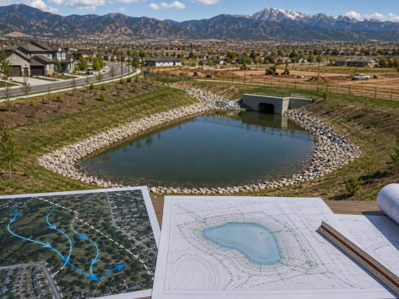Stormwater detention pond serving a residential development in Denver, CO, designed using watershed data to manage runoff and reduce downstream flooding.