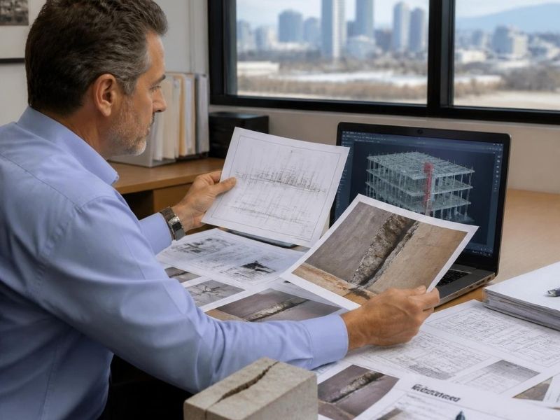 Engineering expert witness in Denver reviewing structural drawings, defect photos, and a building model for a construction claim.
