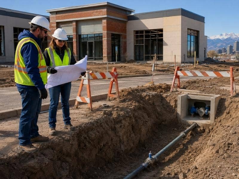 Civil engineers reviewing an undersized water service during commercial site development in Denver