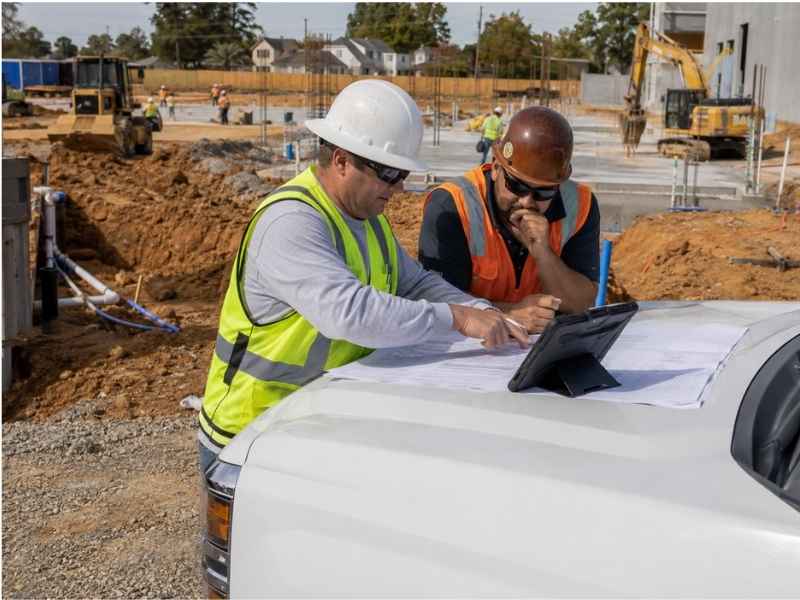 Construction engineering team reviewing plans and field conditions during active construction in Denver, Colorado.