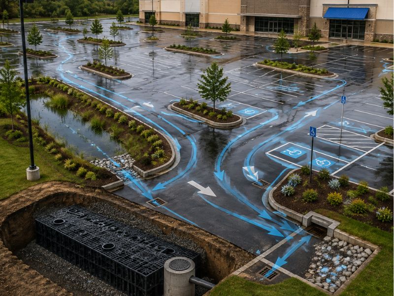 Stormwater design for a commercial parking lot in Denver, Colorado, showing runoff flow, drainage inlets, landscaped basins, and underground storage.