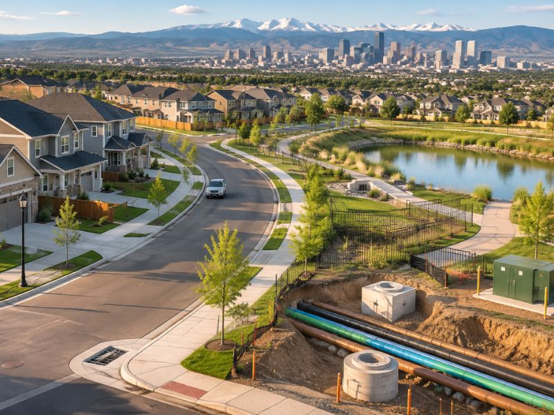 Subdivision design in Denver, Colorado showing streets, drainage systems, utilities, common areas, and infrastructure maintenance planning. 
