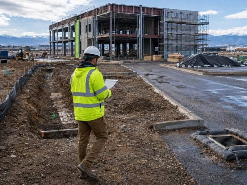 Inspector reviewing SWPPP controls as a Denver construction site moves from grading to paving